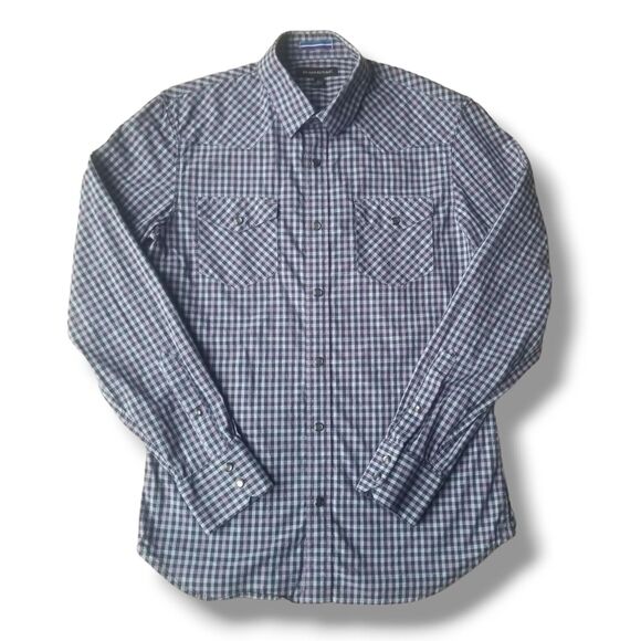 Banana Republic Plaid Shirt Men's S Blue Purple Grid Check Slim Fit Snap Closure - Picture 1 of 9